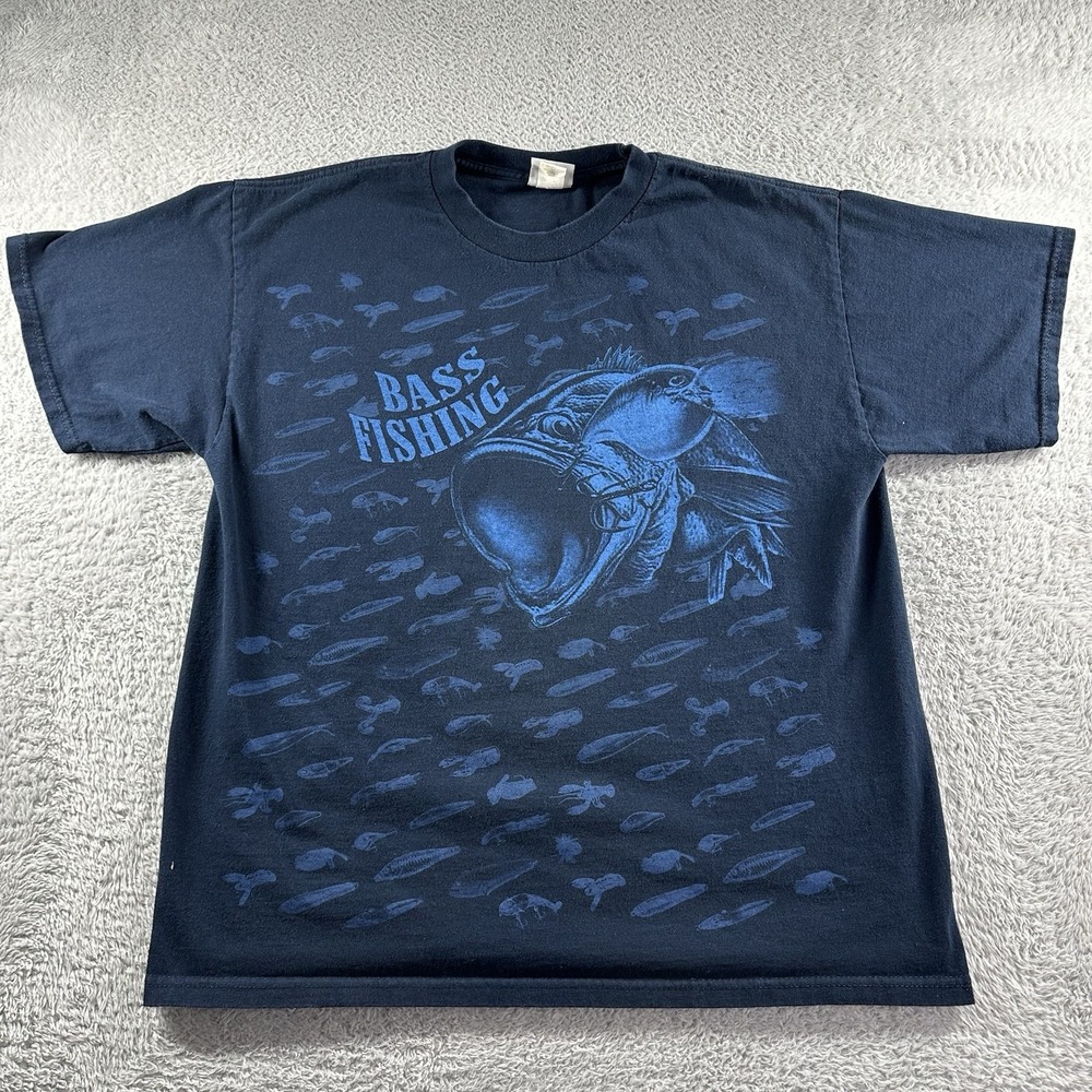 VINTAGE Bass Fishing‎ Shirt Mens XL Blue AOP Fish Outdoors Camping Gorpcore